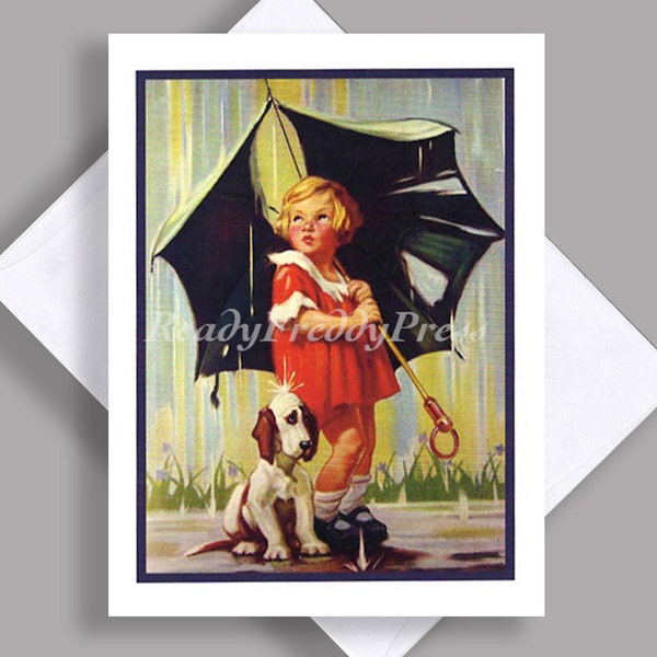 SALE Single Notecard/ Vintage Image / Rainstorm/ Little Girl with her Dog/  Umbrella/ Sweet/ Charminng/Notecard with Envelope