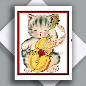 Cartão de Dia dos Namorados/ Imagem Vintage/ Gatinho/ Tocando Violoncelo/ Canção de Dia dos Namorados/ Doce/ Encantador/ Cartão Único com envelope/ Em branco