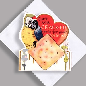SALE enkele kaart/vintage afbeelding/valentijn/'Can't You Crack-er Smile For Your Valentine'/leuk/uitgesneden/notitiekaart met envelop
