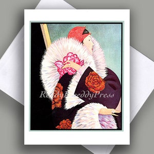 OFERTA Tarjeta de nota individual / Imagen vintage / Moda / Estilo / Art Decó / Glamour / Abrigo / Piel / Dramático / Tarjeta de nota con sobre