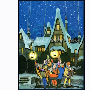 Biglietti di auguri invernali/biglietti di Natale/festività/canti natalizi/villaggio vintage/immagine vintage/lanterna/set in scatola da 8 biglietti con buste