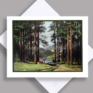 VENTE carte de correspondance unique/peinture par numéro vintage/scénique/bois/arbres/cerf/forêt/montagnes//carte unique avec enveloppe