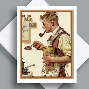 Tarjeta del Día del Padre / Imagen vintage / Papá / Abuelo / Esposo / Familia / Papá con delantal / Preparando café / Padre / Abuelo / Hijo /