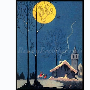 Grußkarte Urlaub/ Weihnachten/ Neujahr/ Winter/ Schnee/ Landhaus/ Vollmond/ Mondschein/ Vintage Bild/ Boxed Set von 8 mit Umschlägen