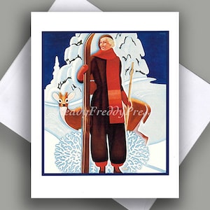 VENDA Cartão de nota único/Imagem vintage/Arte déco/Menina bonita/Esqui/Veado/Férias com neve/Natal/Cartão de nota com envelope