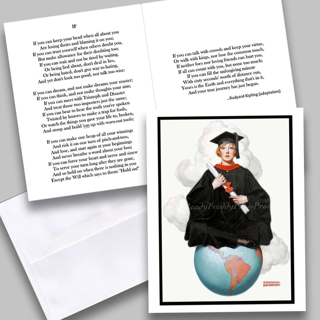 Single "IF" Graduation Notecard with Poem/Vintage Image / College/ High School/ Young Lady/ Cap & Gown/ Globe/ Top of the World/ Gift Card/