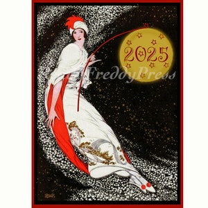 Cartes de correspondance vintage Art déco/ Image vintage/ Vacances/ Nouvel an 2024/ George Plank/ Nuage d'étoiles/ Dangling the Moon/ 8 cartes et enveloppes