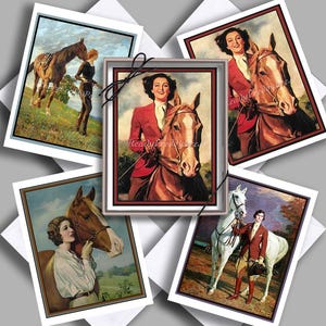Cartes de correspondance pour femmes équestres avec leurs chevaux/ images vintage/équitation/cavalière/cavalière/sport/cheval/lot de 8 avec enveloppes/blanc