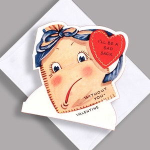 OFERTA Tarjeta de nota individual / Imagen vintage / San Valentín / "Seré un saco triste sin ti, San Valentín" / Divertida / Recortable / Tarjeta de nota con sobre