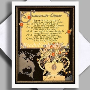 Somebody Cares Friendship Notitiekaart/art deco/Buzza-motto/Vintage afbeelding/Sympathy/Dankbaarheid/Caring/Beterschap/Enkele kaart/blanco