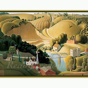 Notecard Grant Wood Vintage Image/ Mid Century/ Stone City Iowa/ Classic Americana/ Set in scatola di 8 carte con buste