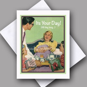 Tarjeta individual: Día de la Madre/Divertida/Desayuno en la cama/"Es tu día"/Familia/Década de 1950/Imagen vintage/Tarjeta individual con sobre/En blanco