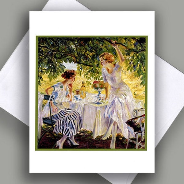SALE Single Notecard/ 2 Beautiful girls/ Summer/ Dining Alfressco/ In the Shade/Vintage Image/ Friends/ Art DecoSingle Card with Envelope