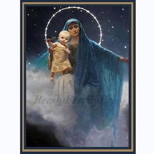 Tarjetas religiosas ~ Imagen vintage ~ Virgen con el Niño ~ Niño Jesús con una hoja de roble ~ Nubes ~ Estrellas ~ Alegre ~ 8 tarjetas y sobres