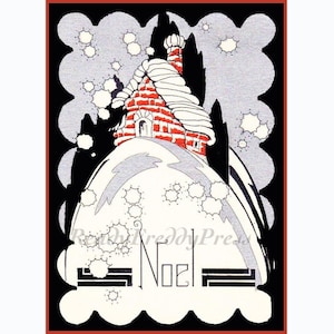 Christmas Card/ Noel/ Cottage Christmas/ Vintage Image/Art Deco/Boxed Set of 8 Notecards & Envelopess