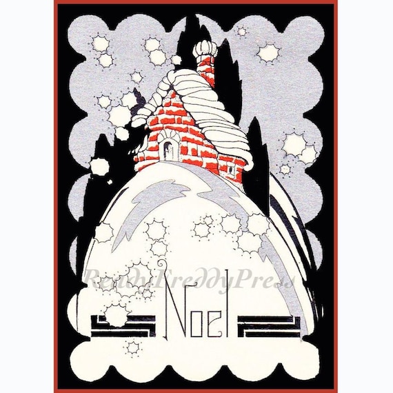 Christmas Card/ Noel/ Cottage Christmas/ Vintage Image/Art Deco/Boxed Set of 8 Notecards & Envelopess