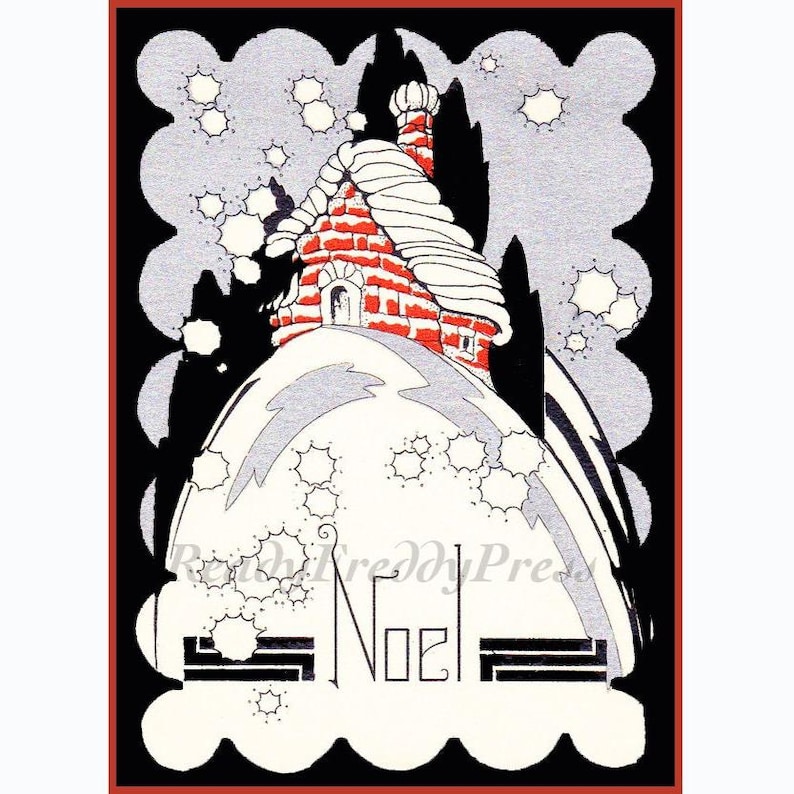 Kerstkaart/ Noel/ Cottage Christmas/ Vintage afbeelding/Art Deco/Boxed Set van 8 kaarten en enveloppen afbeelding 1