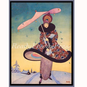 Cartões de visita vintage Art Déco/ Imagem Wintage/ Natal de férias/ Moda/ Guarda-sol/ Cena de neve/ 8 cartões com envelopes/ Opção de cartão dourado