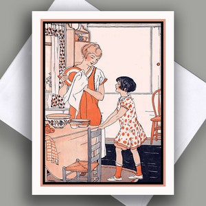 Tarjeta individual / Imagen vintage / Día de la Madre / Madre e hija / Art Decó / Lavar platos / Década de 1920 / Tarjeta individual con sobres / Interior en blanco
