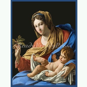 Cartes religieuses ~ Image vintage ~ Vierge à l'enfant ~ Français ~ Vierge tenant une feuille de chêne ~ Symbolique ~ 1640 ~ 8 cartes et enveloppes