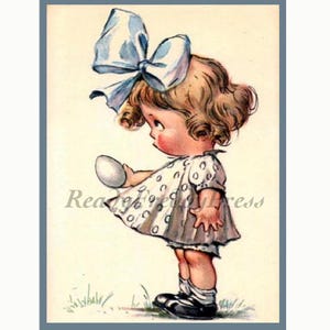 Cartes de Pâques/ Image vintage/ Petite fille/ Un seul œuf/ Doux/ Innocent/ Adorable