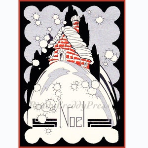 Christmas Card/ Noel/ Cottage Christmas/ Vintage Image/Art Deco/Boxed Set of 8 Notecards & Envelopess