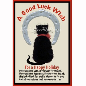 Notitiekaarten Black Cat / Vakantie / Vintage afbeelding / Victoriaans / Gelukswens / Hoefijzer / Set van 8 in doos met enveloppen / blanco