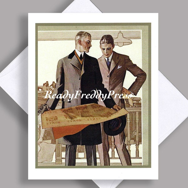 SALE Single Notecard/ Vintage Image 1920s/ Men's Fashion/Coats/ Suits/ Two Men/ Advertising/ Architects/Notecard with Envelope