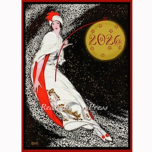 Cartes de correspondance vintage Art déco/ Image vintage/ Vacances/ Nouvel an 2024/ George Plank/ Nuage d'étoiles/ Dangling the Moon/ 8 cartes et enveloppes