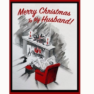 Cartões de Natal/ Feriado/ Imagem Vintage de meados do século/ "Feliz Natal para meu marido"/ Cartão único com envelopes