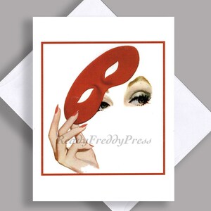 SALE Enkele kaart/ Vintage afbeelding/ Masker/ Mooie ogen/ Reclame/ Mke-up/ Halverwege de eeuw/rood/kostuum/ Notitiekaart met envelop