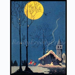 Notecard Holiday/ Christmas/ New Year/Winter/ Snow/ Cottage/ Full Moon/ Moonlight/ Vintage Image/ / Boxed Set of 8 with Envelopes
