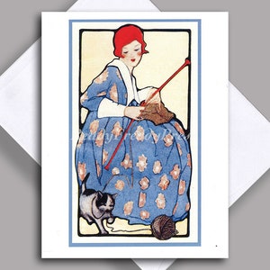 Venda único notecard/tricô/moda elegante/ilustração vintage/livreto de tricô/gatinho/cabeça vermelha/cartão único com envelope