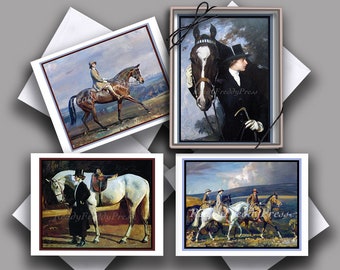 May include: Set of four art prints featuring equestrian scenes. Each print showcases a different painting of horses and riders in various settings. The prints are framed and presented on a white background.