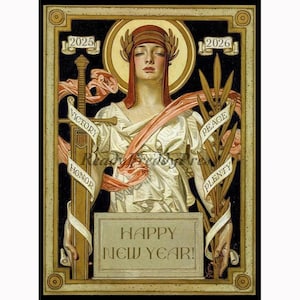 Notitiekaarten Happy New Year/ Vintage Image/ J.C. Leyendecker/Peace/ Plenty/ Victory/ Goodwill/Honor/ Set van 8 kaarten en enveloppen in doos