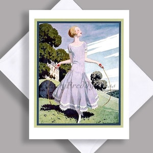 SALE Single Notecard/ Vintage Illustration 1920s /Art Deco/ Fashion/ Estate Garden/Lovely Lady/Jumping Rope/Notecard with Envelope