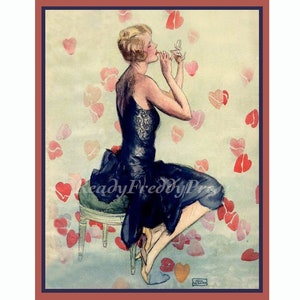 Tarjetas de San Valentín Art Decó/Tarjetas de notas/Imagen vintage/Década de 1920/Besos de lápiz labial/Corazones/Moda/Juego de 8 con sobres