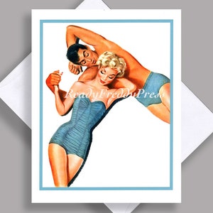 VENDA Cartão de Nota Único/Casal/Maiôs/Verão/Romance/Ilustração Vintage 1953/Publicidade/Cartão Único com Envelope