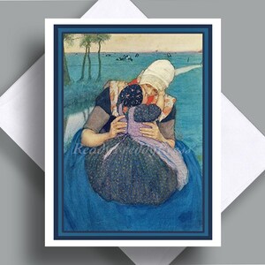 Tarjeta individual/Imagen vintage de 1900/Día de la Madre/Madre y bebé/País/Tierno/Dulce/Beso/Interior en blanco