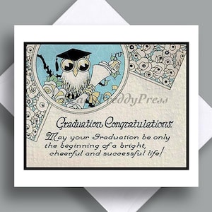 Enkele afstudeerkaart/vintage afbeelding/ hogeschool/ middelbare school/ uil/ cartoon/pet en jurk/ leuk/ sentimenten/ cadeaubon