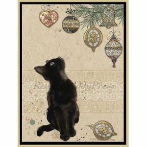 Christmas Kitty Notitiekaarten / Vakantie / Vintage afbeelding / Black Kitty / Ornamenten / Kerstboom / Charmant / Set van 8 in doos met enveloppen / Blanco