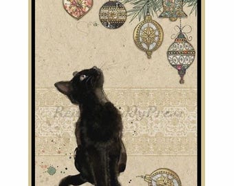 Cartes de correspondance de Noël Kitty / Fêtes / Image vintage / Black Kitty / Ornements / Sapin de Noël / Charme / Coffret de 8 avec enveloppes / Blanc
