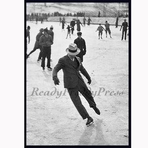 Tarjeta: Nieve/Navidad/Invierno/ Central Park / Nueva York/ Imagen vintage (1937)/Dapper Man/ Patinaje /8 Tarjetas con sobres