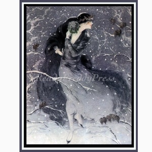 Cartões de nota vintage Art Déco ~ Imagem vintage ~ Feriado ~ Natal ~ Senhora na neve ~ Art Déco ~ Charmoso ~ Pássaros ~ Louis Icart ~ Caixa de 8 cartões e envelopes