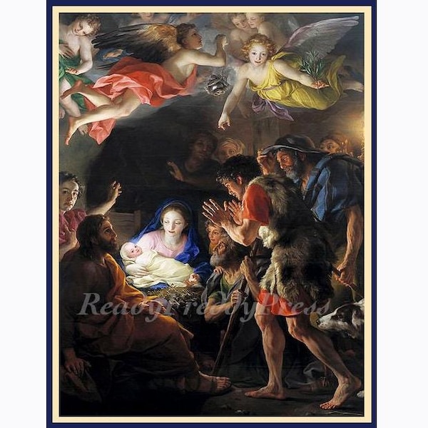 Notitiekaarten Kerstmis / Religieus/Vintage afbeelding 18e eeuw/ Geboortekerk/ Magi/ Engelen en herders/ Set van 8 kaarten en enveloppen in doos