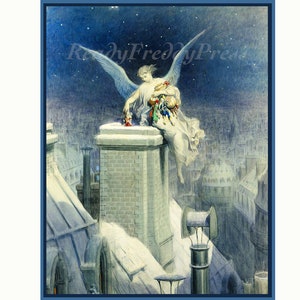 Notitiekaarten Kerstmis/ Feestdagen/ Kerstengel/ Vintage notitiekaart/ Engel op het dak/ Magisch/ 19e eeuw/ Set van 8 in doos met enveloppen