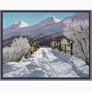 Notitiekaarten voor de feestdagen / Vintage afbeelding/Kerstmis / Besneeuwde scène/ Met sneeuw bedekte bergen/ Crossing the Bridge/ "Silver Frost"/8 kaarten en enveloppen