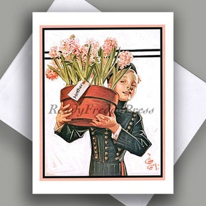 UITVERKOOP Enkele kaart: Moederdag/ vintage afbeelding/art deco/ piccolo/ bloemen bezorgen/ voor moeder/ enkele kaart met envelop/blanco binnenkant