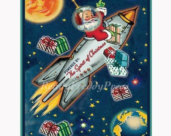 Holiday Notecards / Vintage Image/Santa /Sace Ship/ "The Spirit of Christmas"/ Man in the Moon/ Stars/Sci-Fi/ 8 cards & envelopes