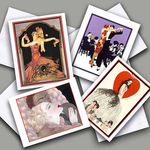Colección de tarjetas con imágenes vintage Art Deco de San Valentín: baile, romance, cupidos, corazones, juego en caja de 8 tarjetas y sobres